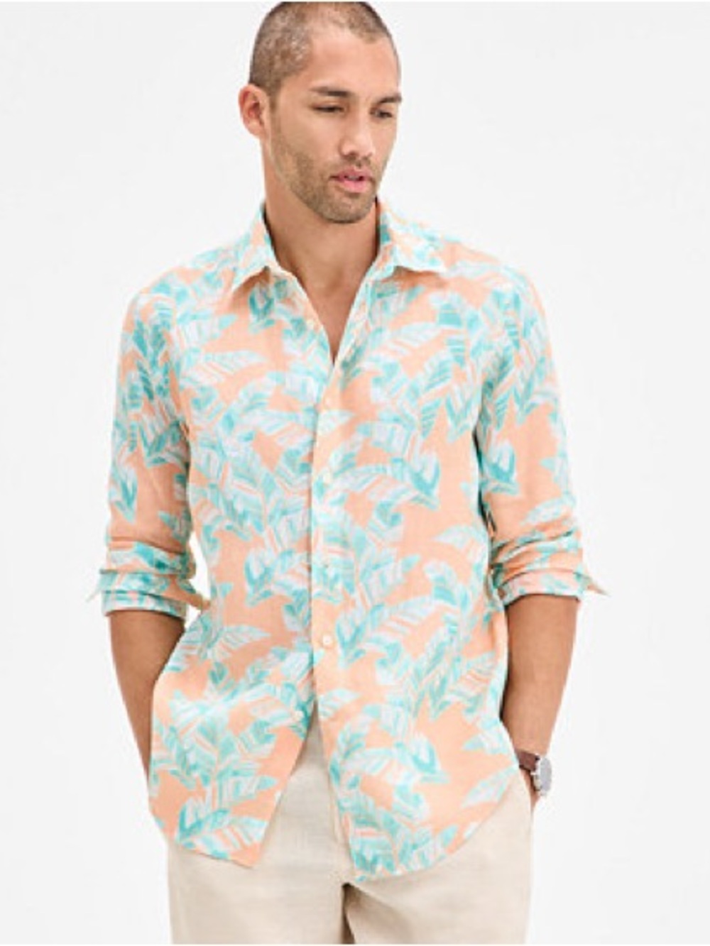 Club Room Men's Peach Tropical Leaf Print Button-Up Linen Shirt XL